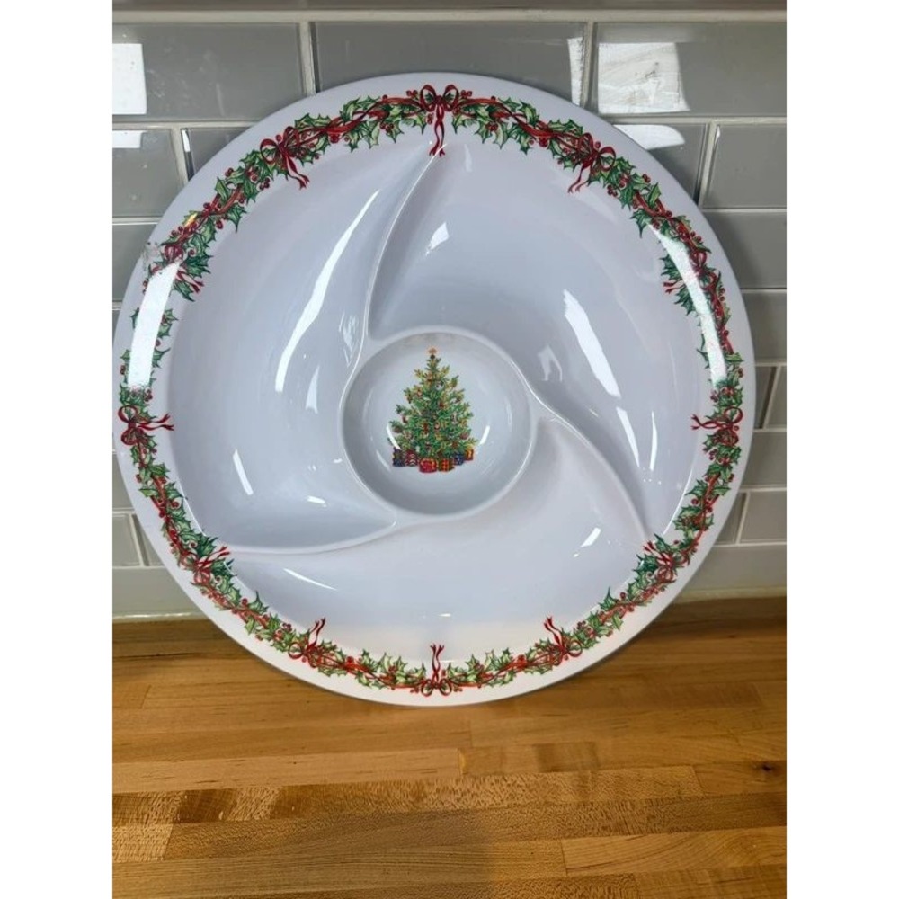 Christopher Radko Christmas Tree Melamine 4 Section Chip N Dip Platter 14.5"